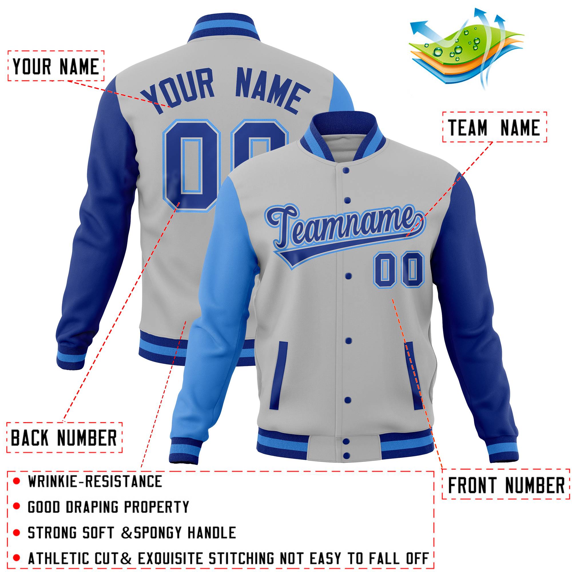 Custom Gray Royal-Powder Blue Full-Snap Varsity Raglan Sleeves Letterman Baseball Jacket