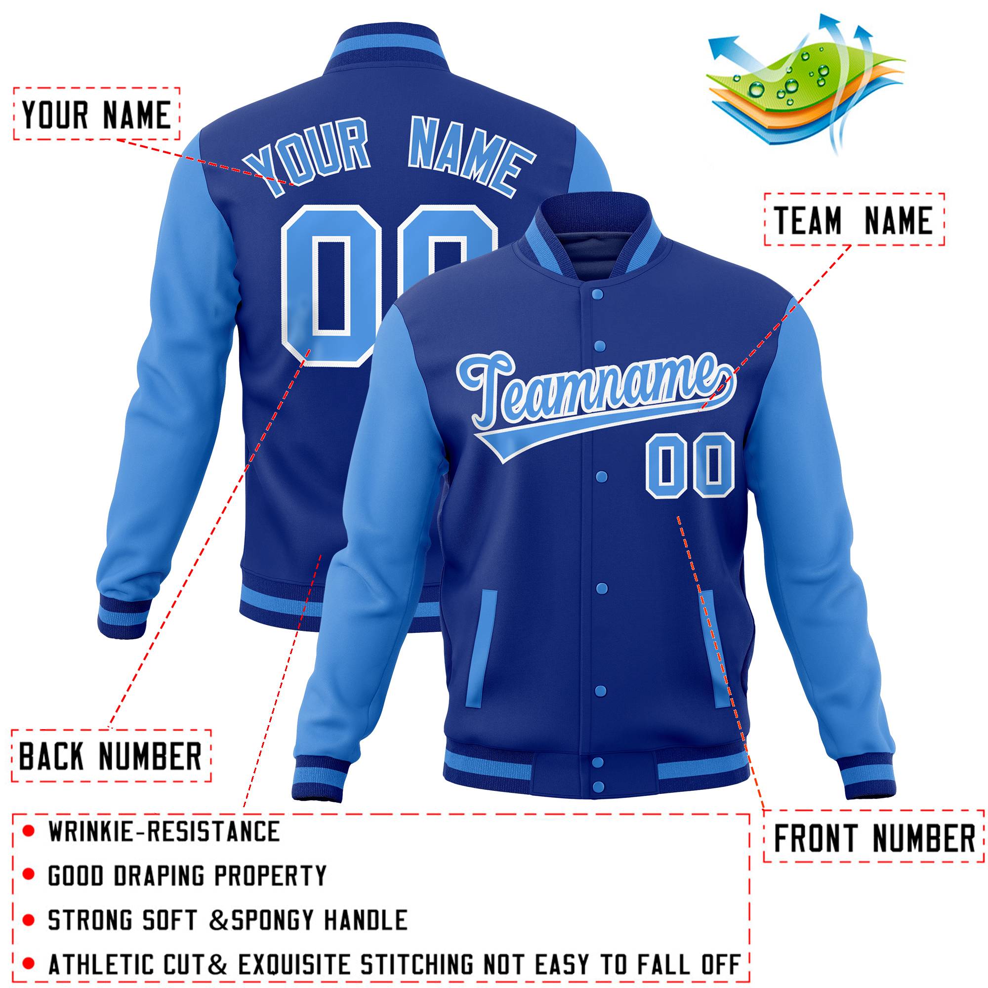 Custom Royal Powder Blue Full-Snap Varsity Raglan Sleeves Letterman Baseball Jacket