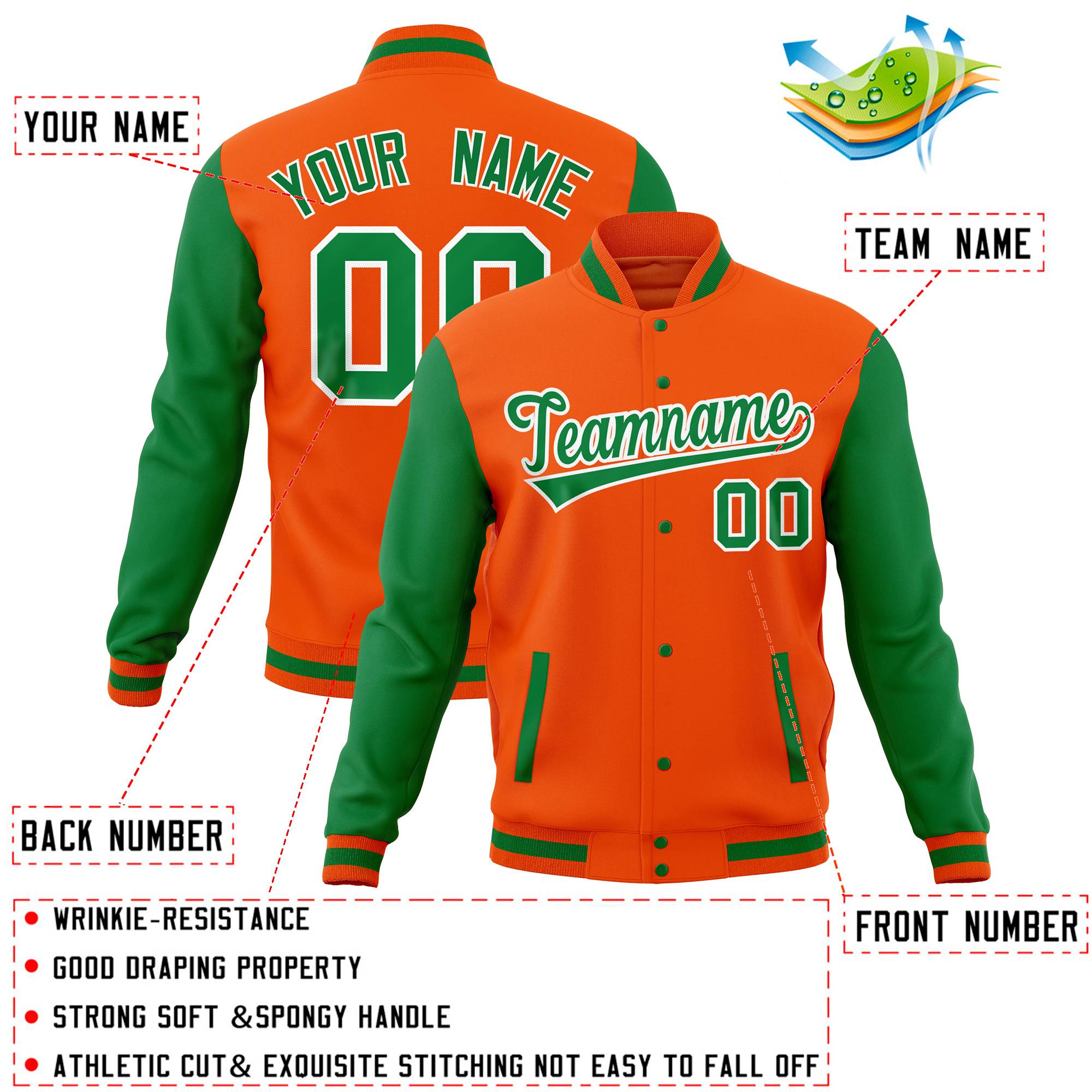 Custom Orange Kelly Green Full-Snap Varsity Raglan Sleeves Letterman Baseball Jacket