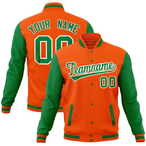 Custom Orange Kelly Green Full-Snap Varsity Raglan Sleeves Letterman Baseball Jacket