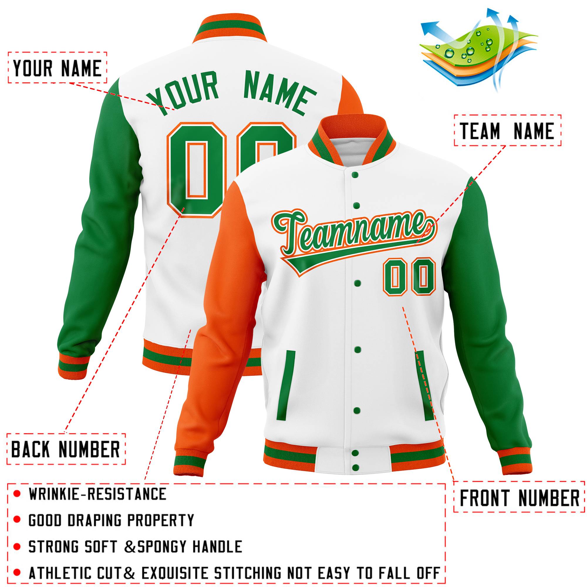 Custom White Kelly Green-Orange Full-Snap Varsity Raglan Sleeves Letterman Baseball Jacket