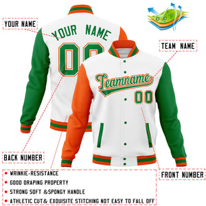 Custom White Kelly Green-Orange Full-Snap Varsity Raglan Sleeves Letterman Baseball Jacket