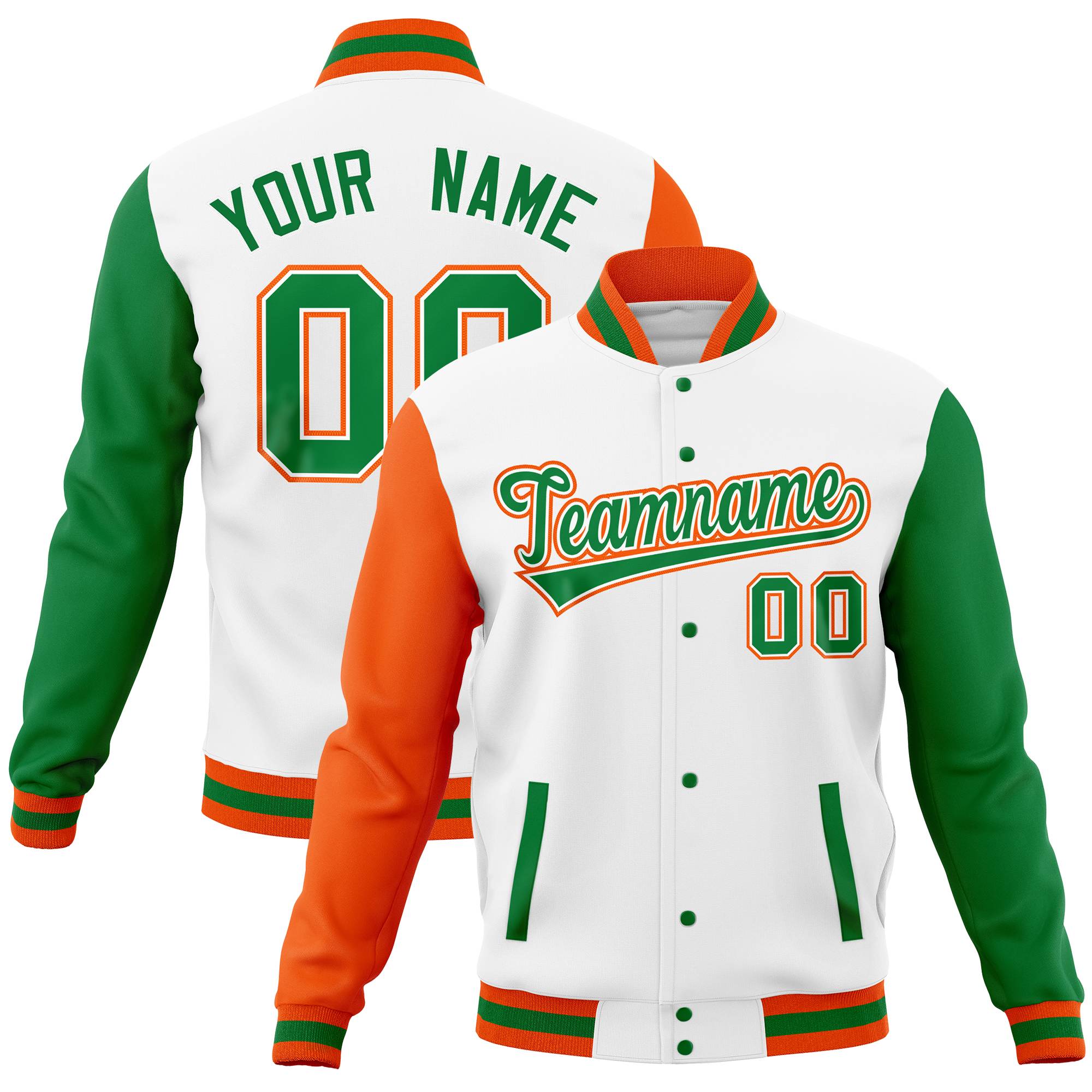 Custom White Kelly Green-Orange Full-Snap Varsity Raglan Sleeves Letterman Baseball Jacket