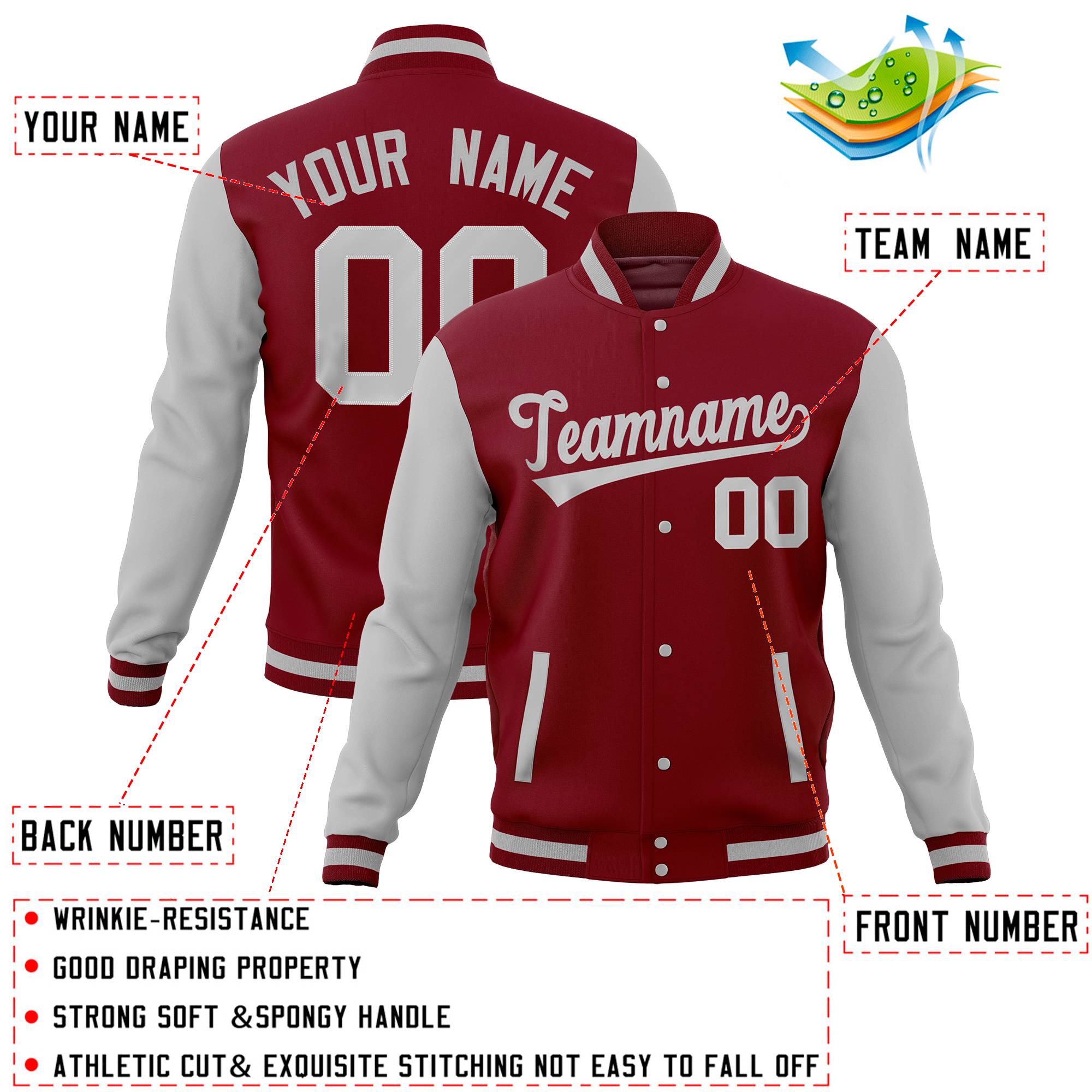 Custom Gray Crimson Full-Snap Varsity Raglan Sleeves Letterman Baseball Jacket