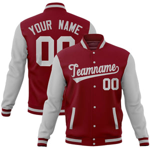 Custom Crimson Gray Full-Snap Varsity Raglan Sleeves Letterman Baseball Jacket