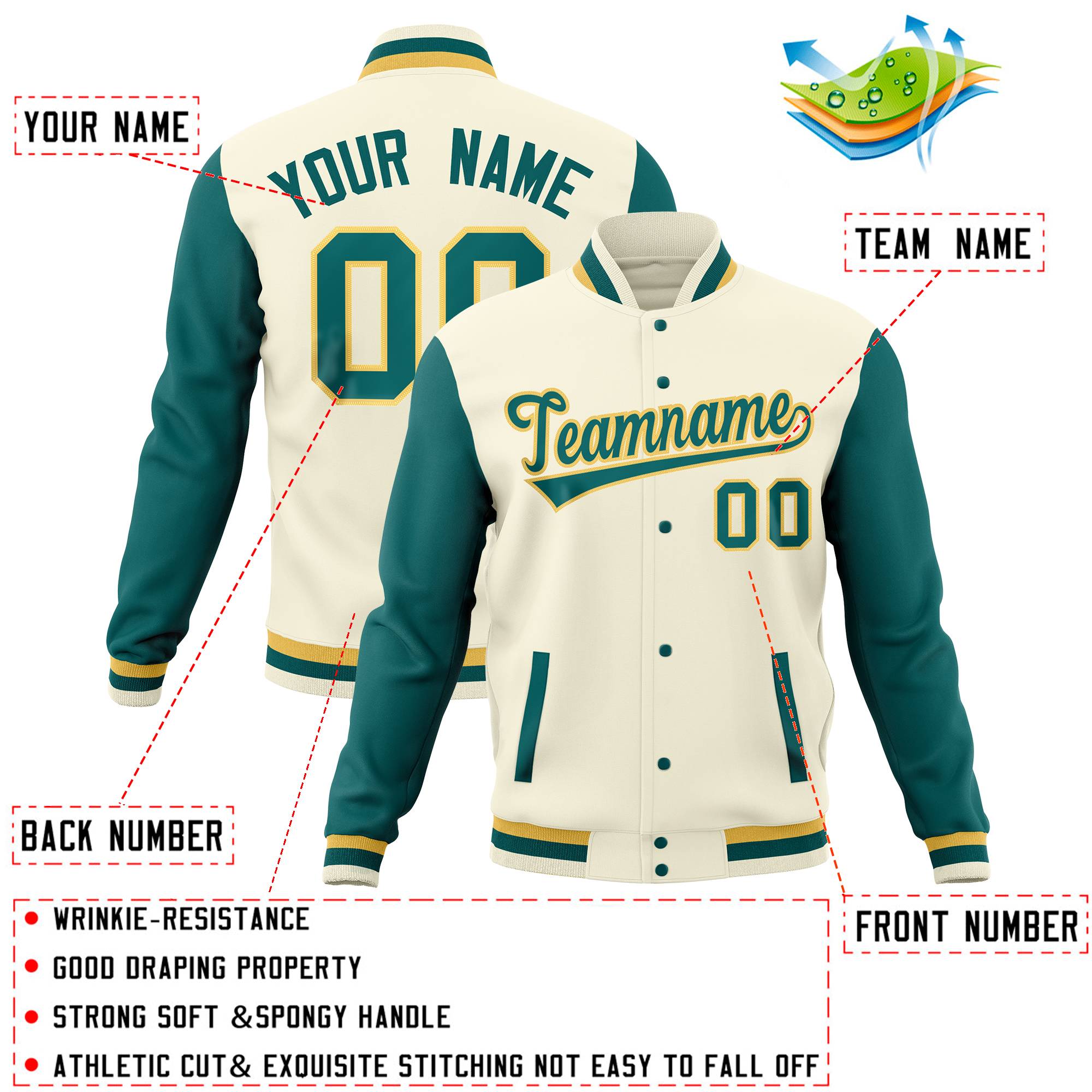 Custom Aqua Khaki-Cream Full-Snap Varsity Raglan Sleeves Letterman Baseball Jacket