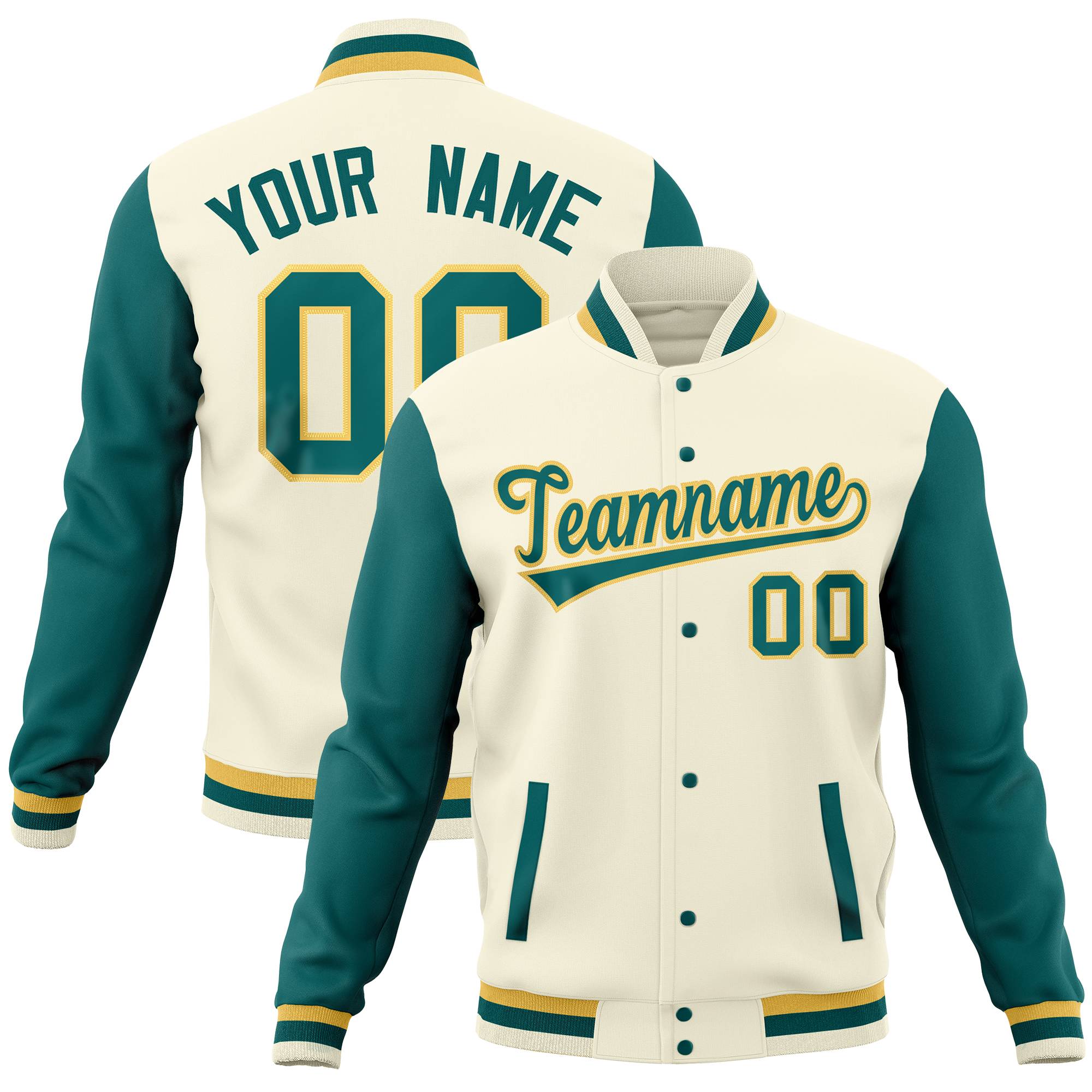 Custom Aqua Khaki-Cream Full-Snap Varsity Raglan Sleeves Letterman Baseball Jacket