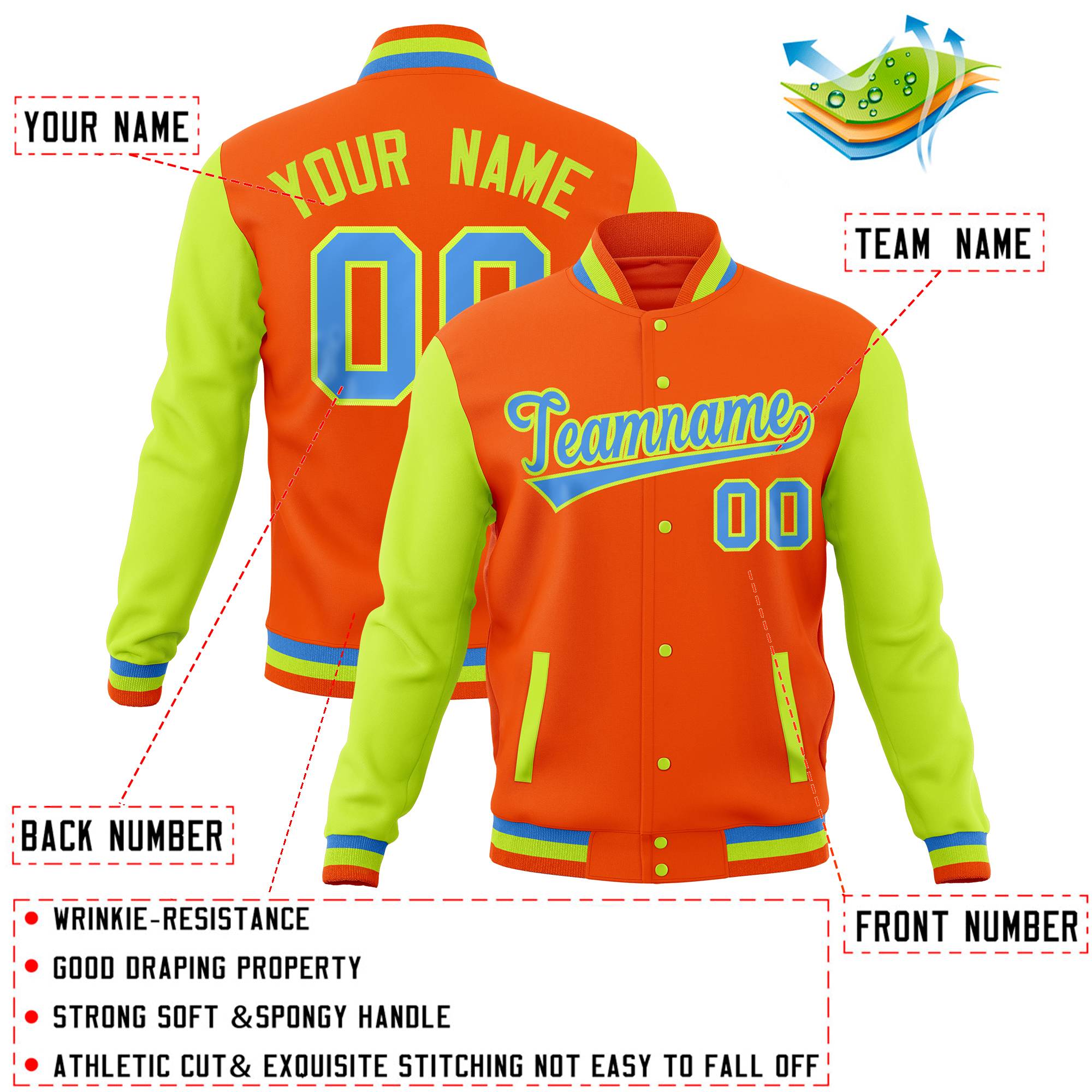 Custom Orange Powder Blue Full-Snap Varsity Raglan Sleeves Letterman Baseball Jacket