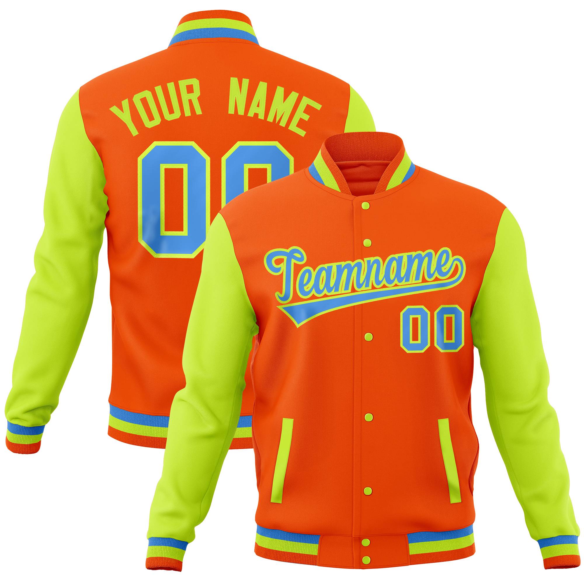 Custom Orange Powder Blue Full-Snap Varsity Raglan Sleeves Letterman Baseball Jacket