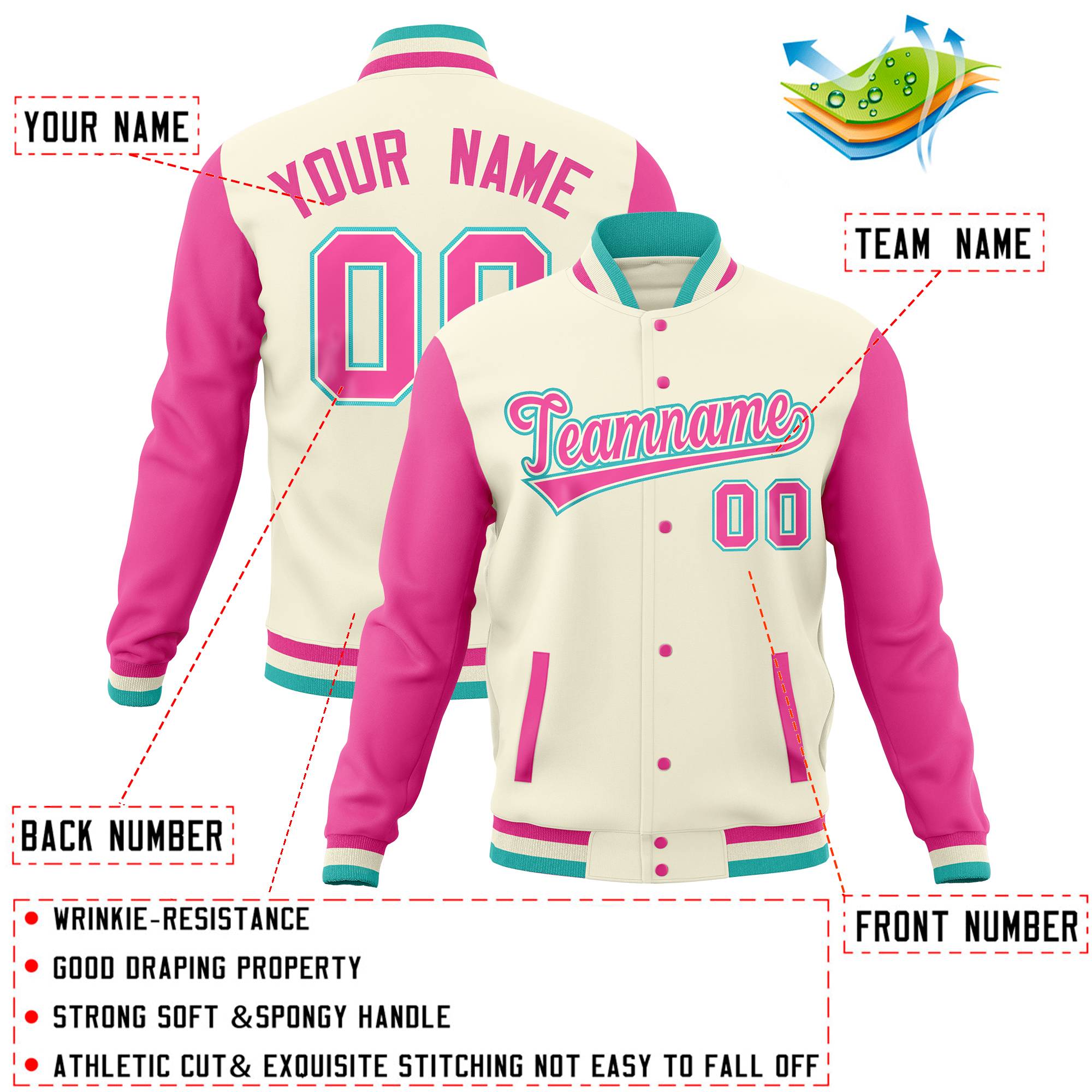 Custom Pink Cream Full-Snap Varsity Raglan Sleeves Letterman Baseball Jacket