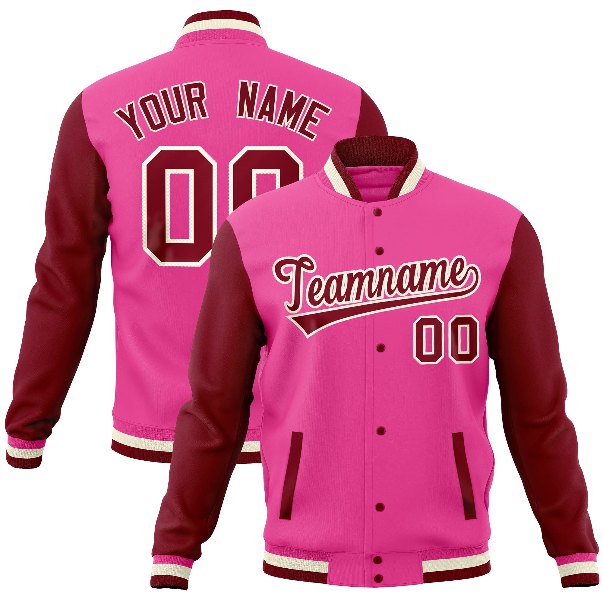 Custom Cream Crimson Full-Snap Varsity Raglan Sleeves Letterman Baseball Jacket