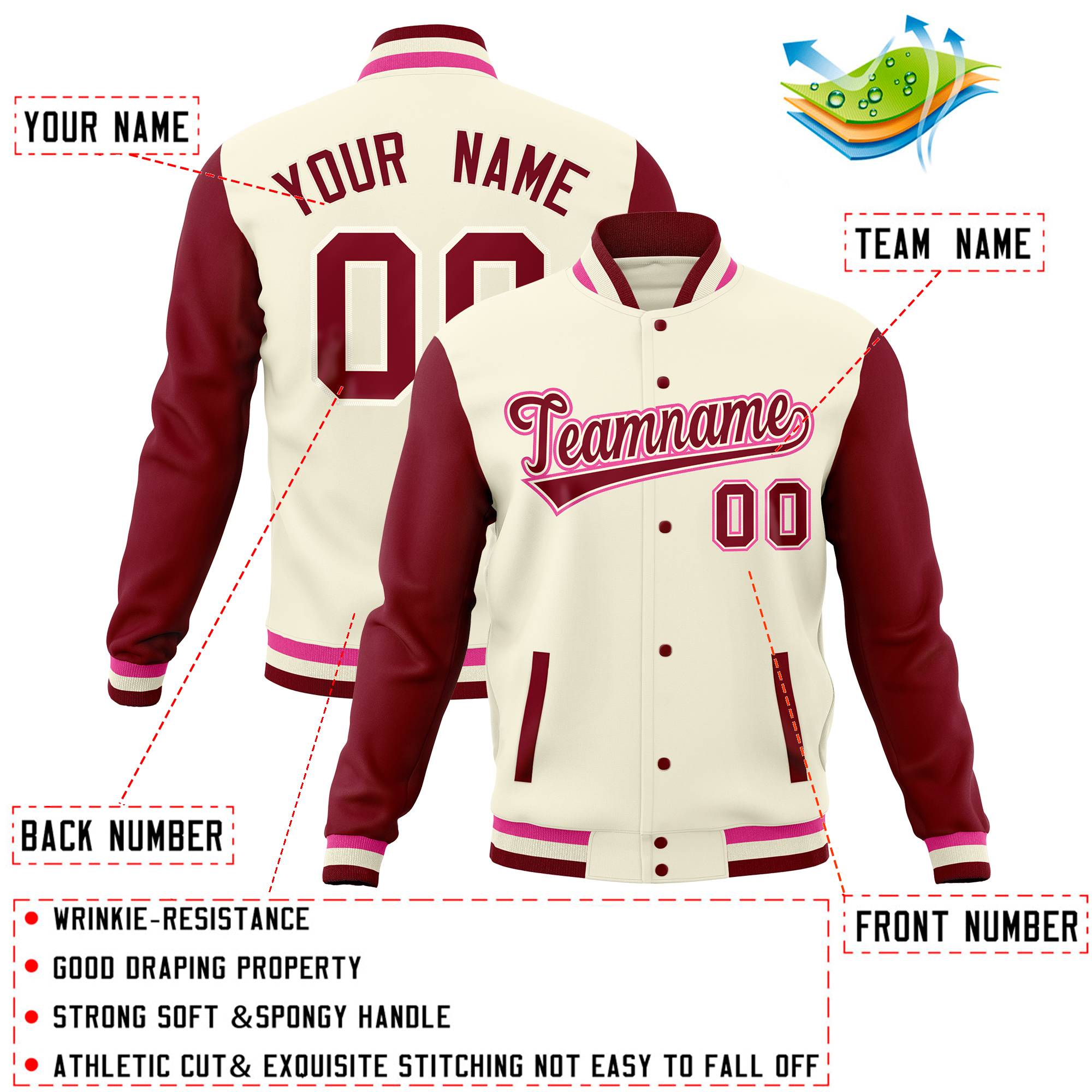 Custom Cream Crimson-Pink Full-Snap Varsity Raglan Sleeves Letterman Baseball Jacket