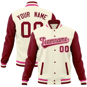 Custom Cream Crimson-Pink Full-Snap Varsity Raglan Sleeves Letterman Baseball Jacket