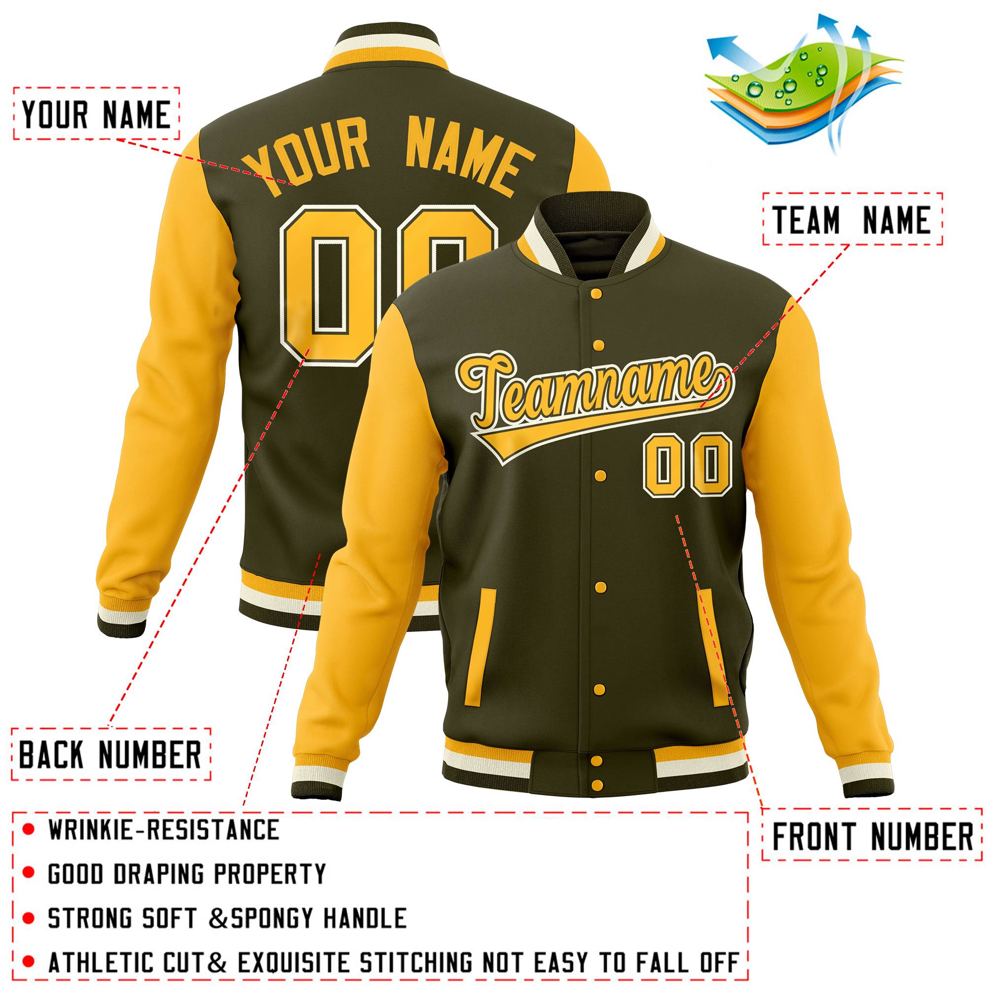 Custom Powder Blue Gold White Full-Snap Varsity Raglan Sleeves Letterman Baseball Jacket