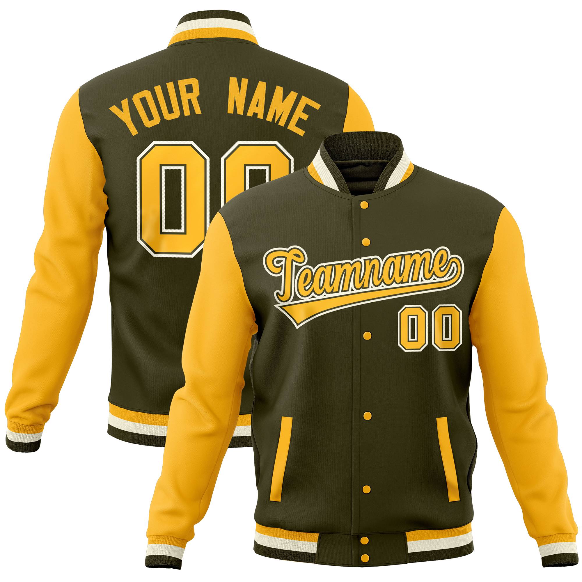 Custom Powder Blue Gold White Full-Snap Varsity Raglan Sleeves Letterman Baseball Jacket