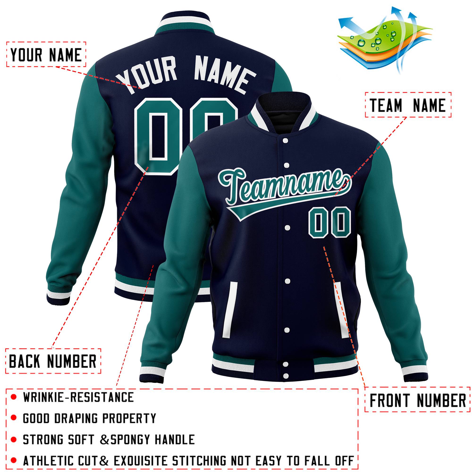 Custom White Navy-Aqua Full-Snap Varsity Raglan Sleeves Letterman Baseball Jacket