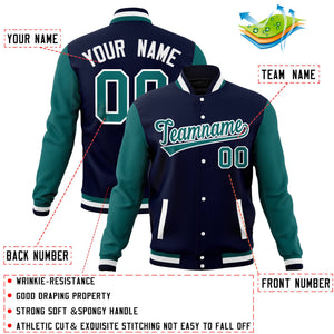 Custom White Navy-Aqua Full-Snap Varsity Raglan Sleeves Letterman Baseball Jacket