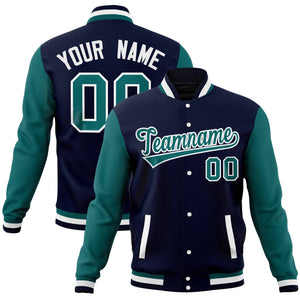 Custom White Navy-Aqua Full-Snap Varsity Raglan Sleeves Letterman Baseball Jacket