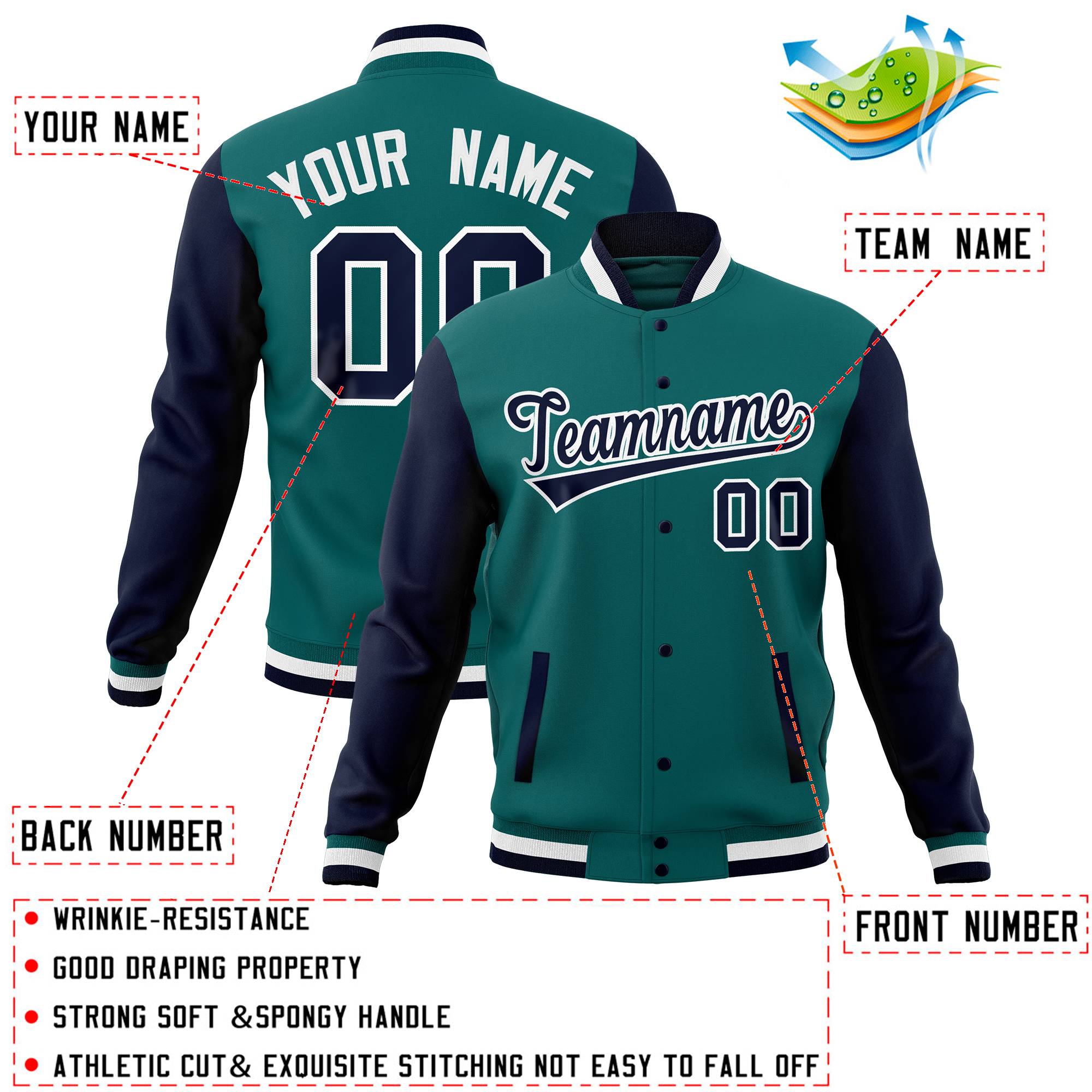 Custom Pink Aqua Full-Snap Varsity Raglan Sleeves Letterman Baseball Jacket