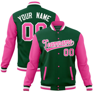 Custom Midnight Green Pink Full-Snap Varsity Raglan Sleeves Letterman Baseball Jacket