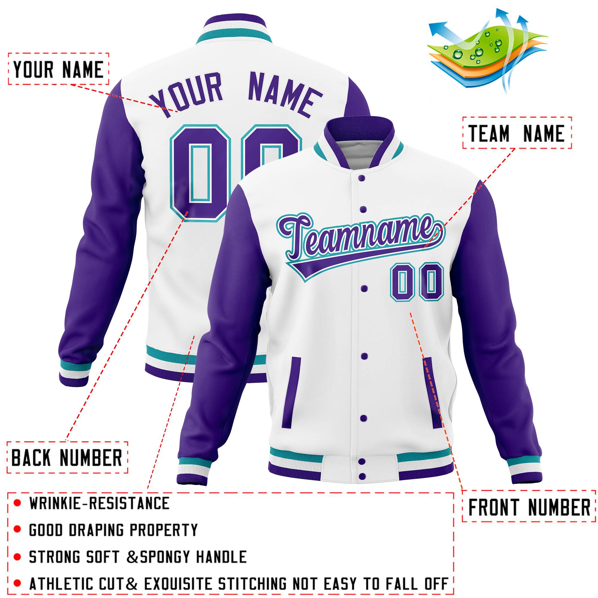 Custom White Midnight Green Full-Snap Varsity Raglan Sleeves Letterman Baseball Jacket