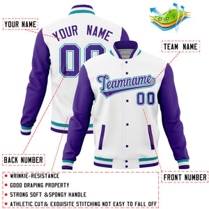 Custom White Midnight Green Full-Snap Varsity Raglan Sleeves Letterman Baseball Jacket