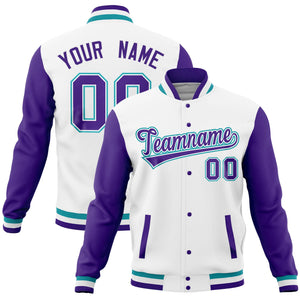 Custom White Midnight Green Full-Snap Varsity Raglan Sleeves Letterman Baseball Jacket