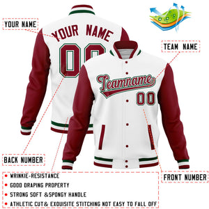 Custom White Green Full-Snap Varsity Raglan Sleeves Letterman Baseball Jacket