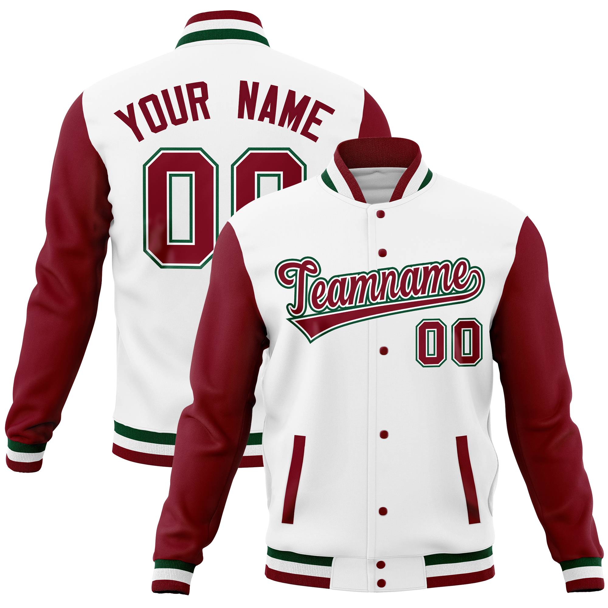 Custom White Green Full-Snap Varsity Raglan Sleeves Letterman Baseball Jacket