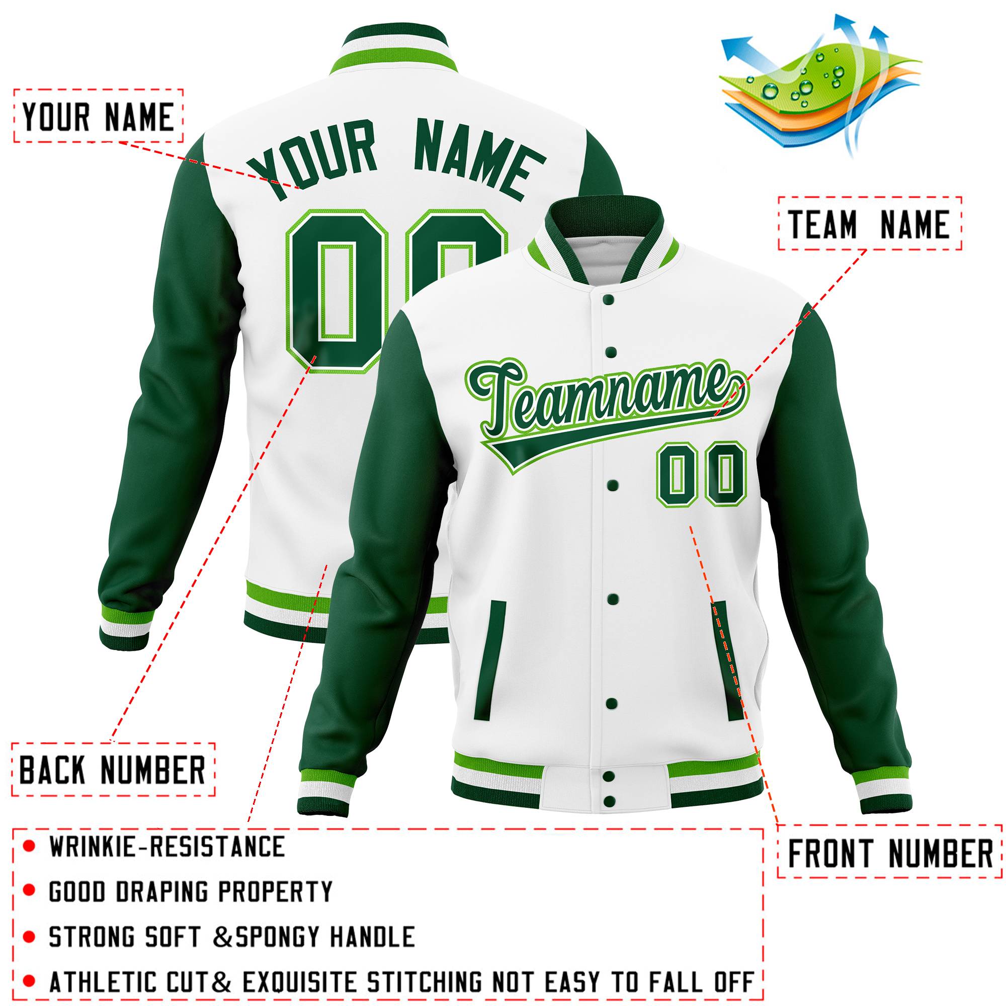 Custom Black Green Full-Snap Varsity Raglan Sleeves Letterman Baseball Jacket