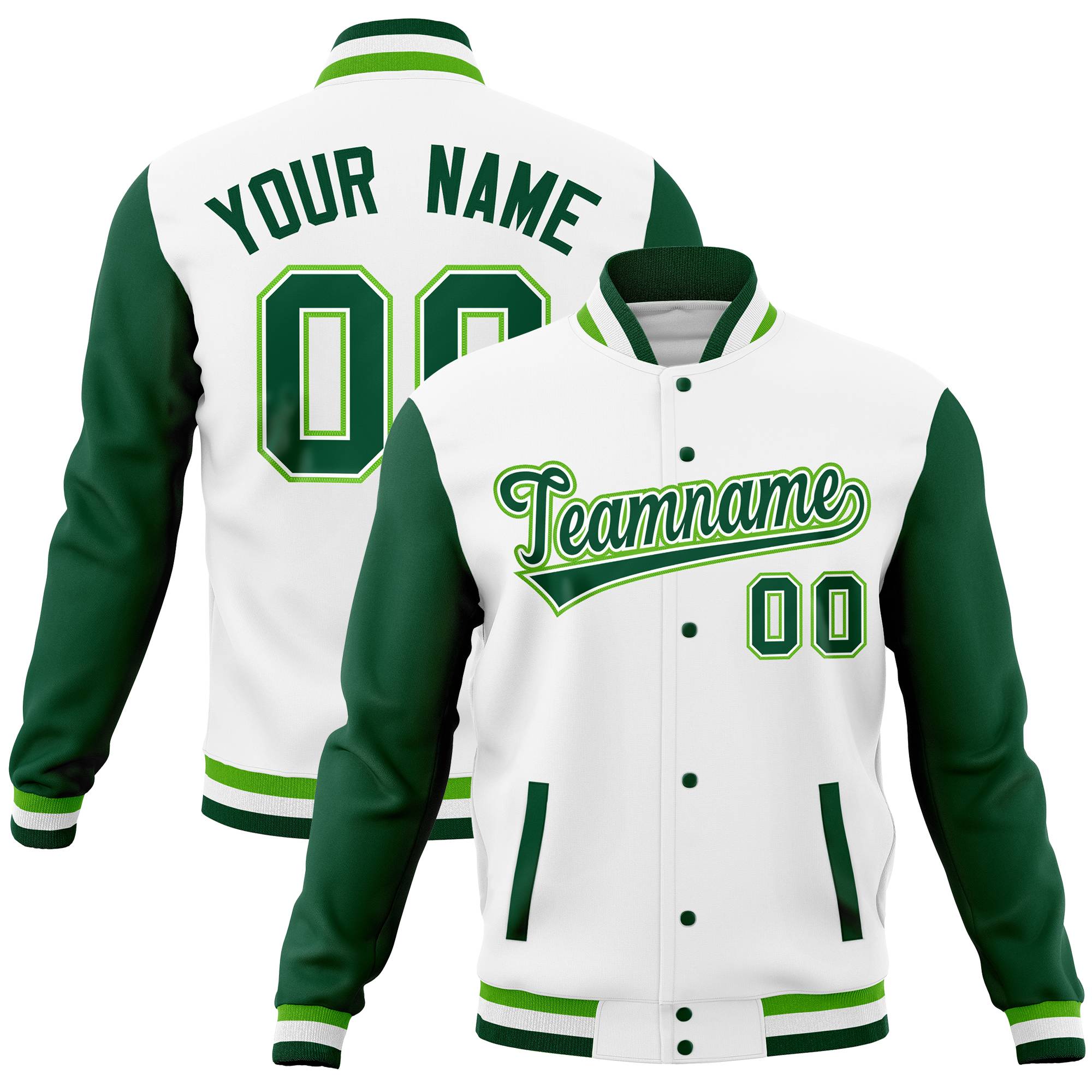 Custom Black Green Full-Snap Varsity Raglan Sleeves Letterman Baseball Jacket