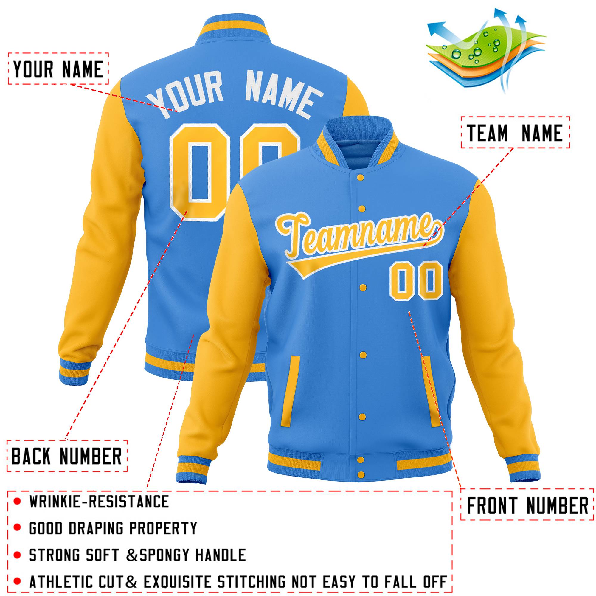 Custom Gold Midnight Green Full-Snap Varsity Raglan Sleeves Letterman Baseball Jacket