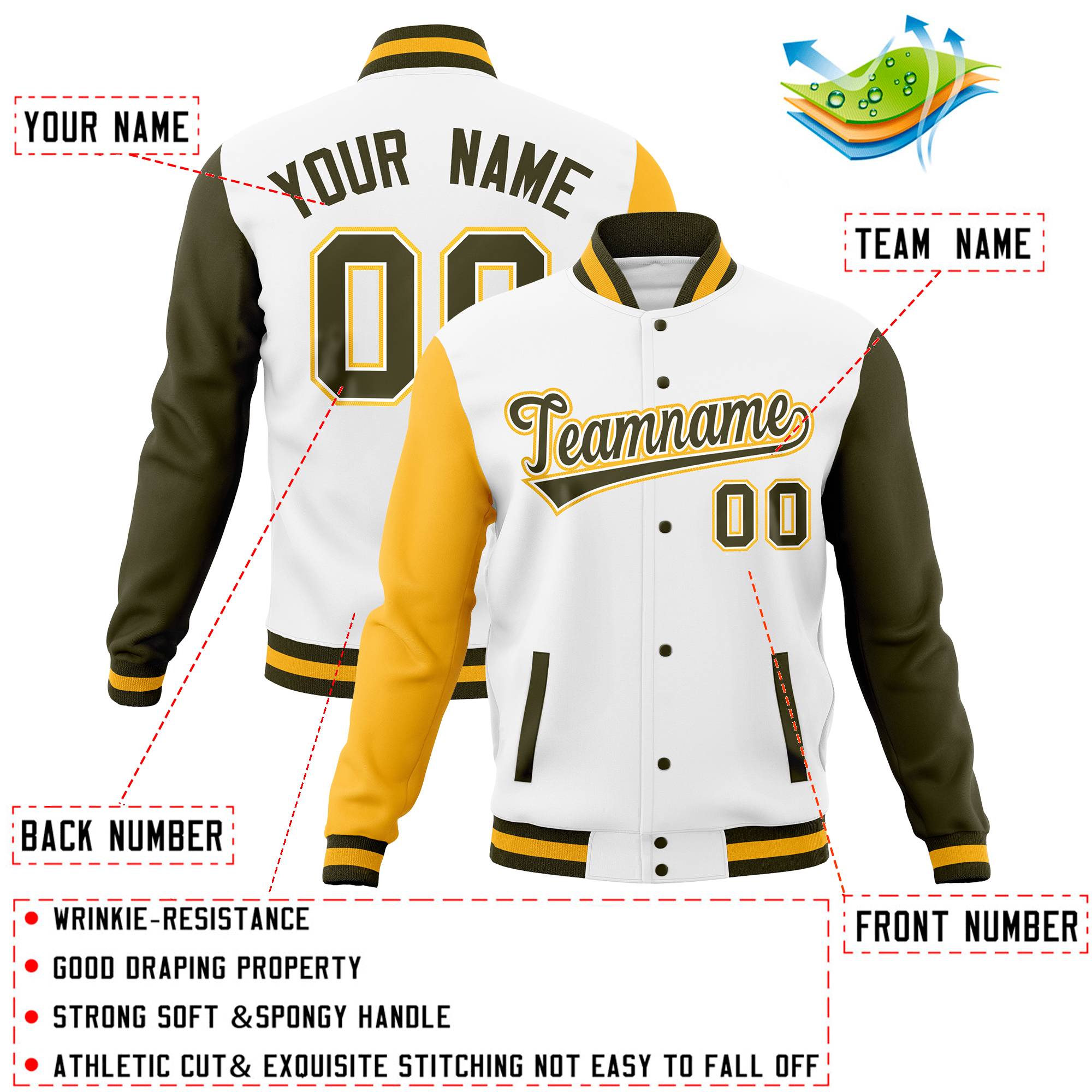 Custom Brown Red-Old Gold Full-Snap Varsity Raglan Sleeves Letterman Baseball Jacket