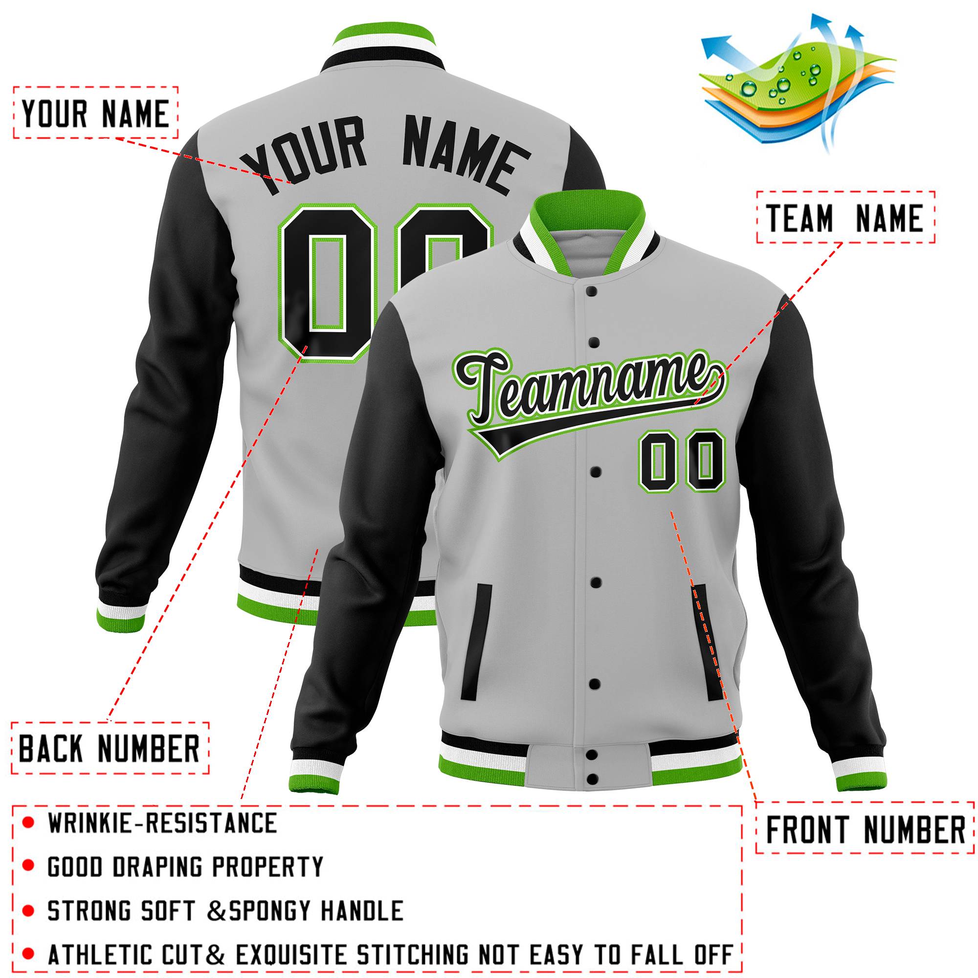 Custom Powder Blue Green Full-Snap Varsity Raglan Sleeves Letterman Baseball Jacket