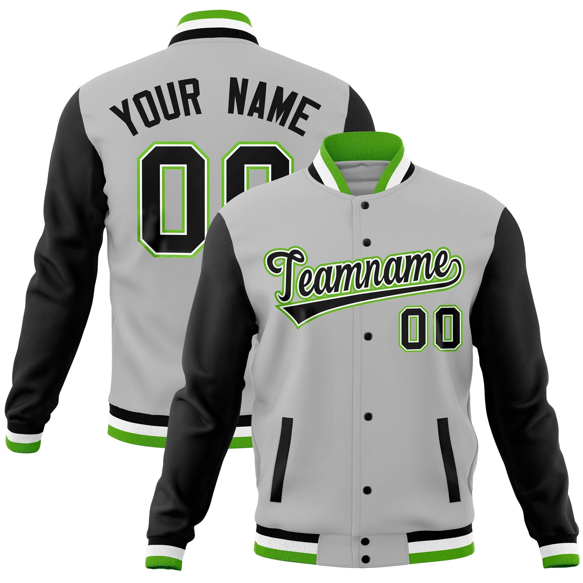 Custom Powder Blue Green Full-Snap Varsity Raglan Sleeves Letterman Baseball Jacket