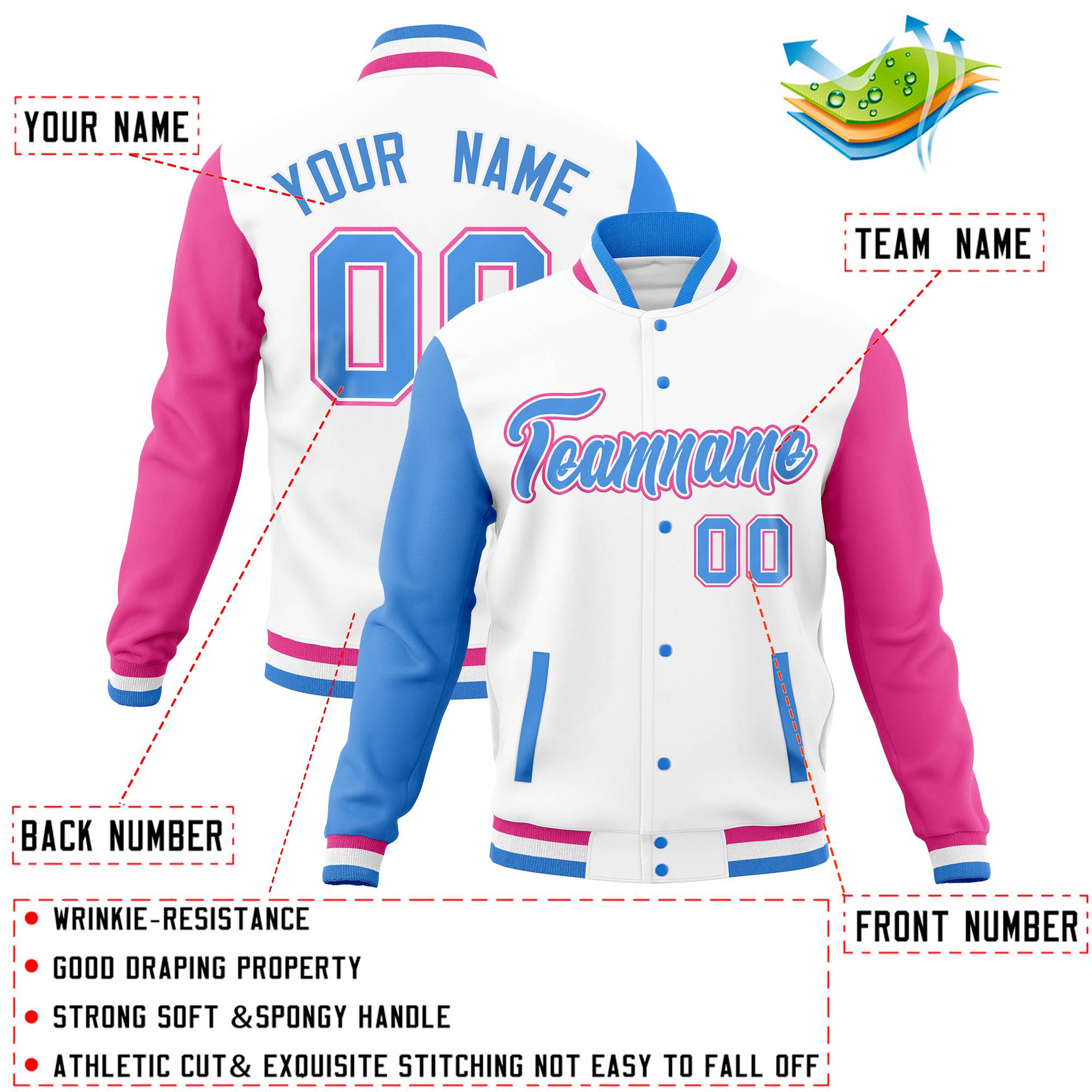 Custom White Pink-Powder Blue Full-Snap Varsity Raglan Sleeves Letterman Baseball Jacket