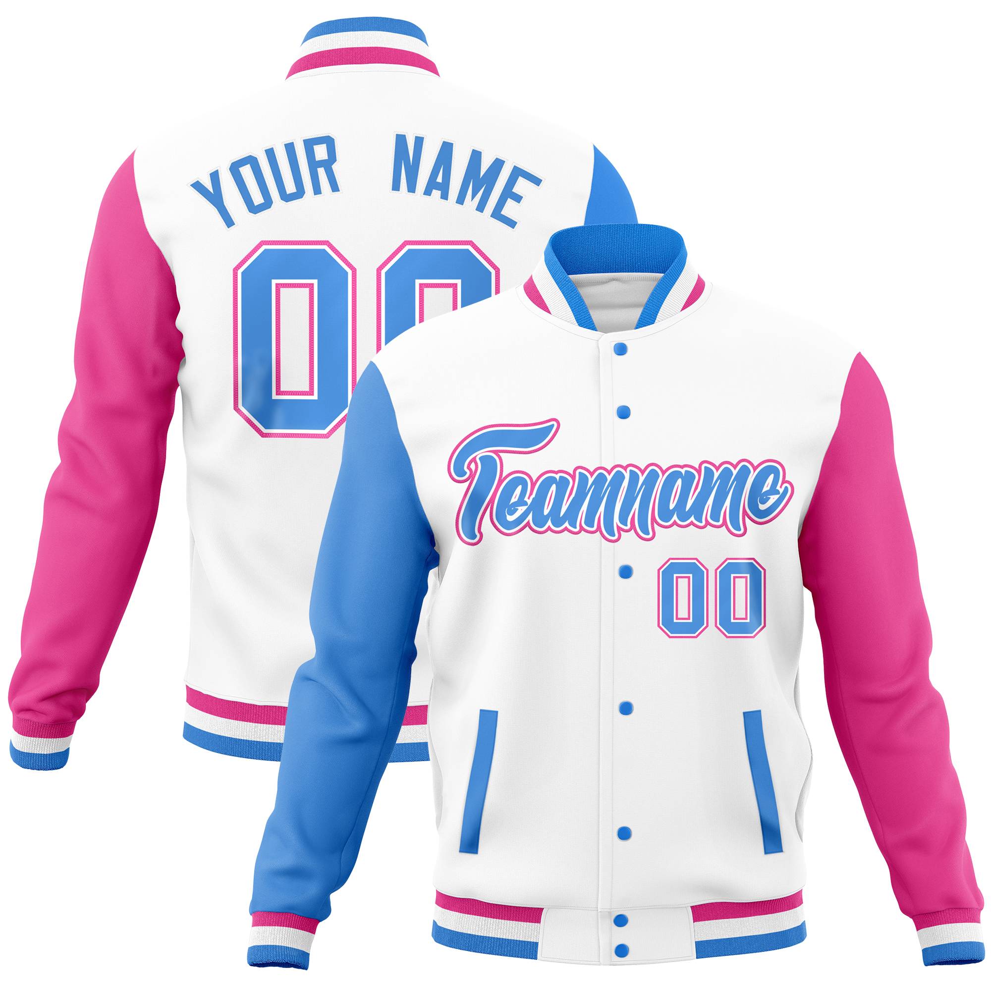 Custom White Pink-Powder Blue Full-Snap Varsity Raglan Sleeves Letterman Baseball Jacket