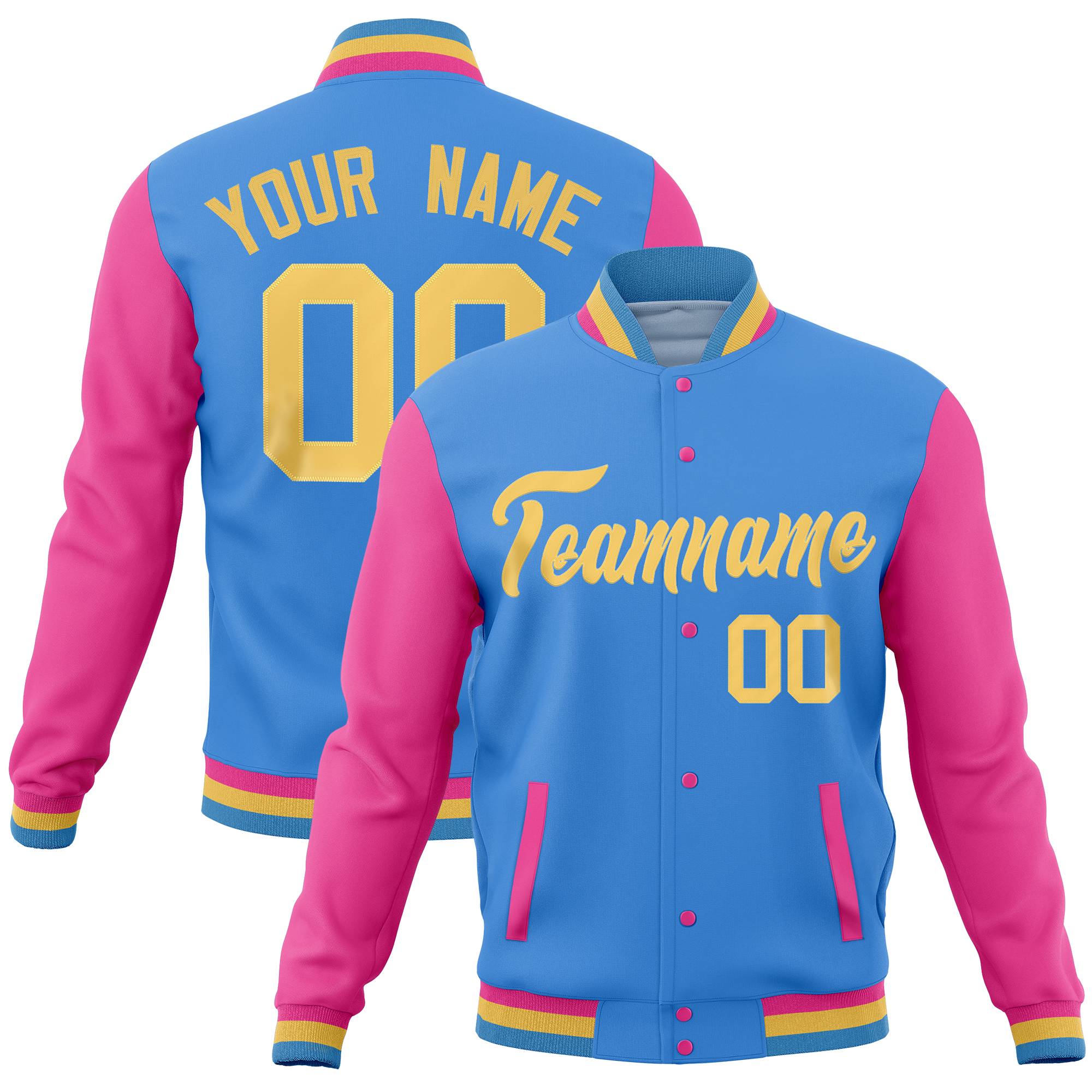 Custom Powder Blue Pink Full-Snap Varsity Raglan Sleeves Letterman Baseball Jacket