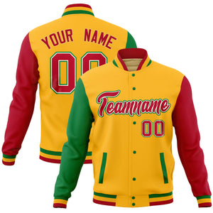 Custom Gold Red-Kelly Green Full-Snap Varsity Raglan Sleeves Letterman Baseball Jacket