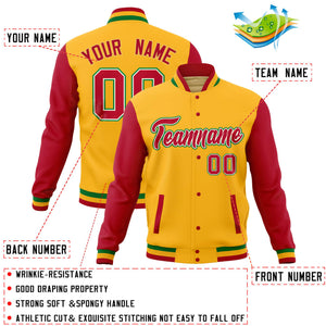 Custom Red Gold Full-Snap Varsity Raglan Sleeves Letterman Baseball Jacket