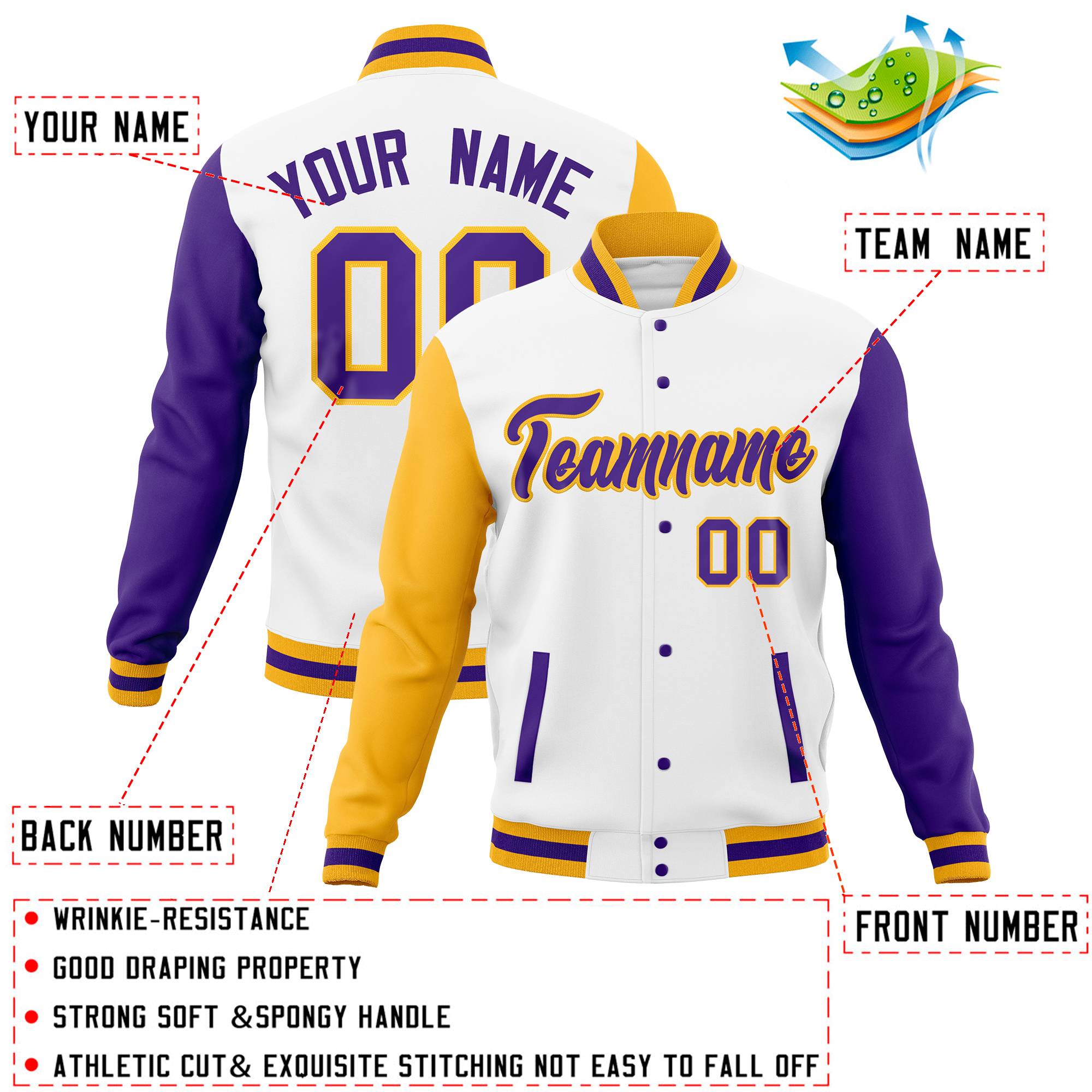 Custom White Orange-Gold Full-Snap Varsity Raglan Sleeves Letterman Baseball Jacket