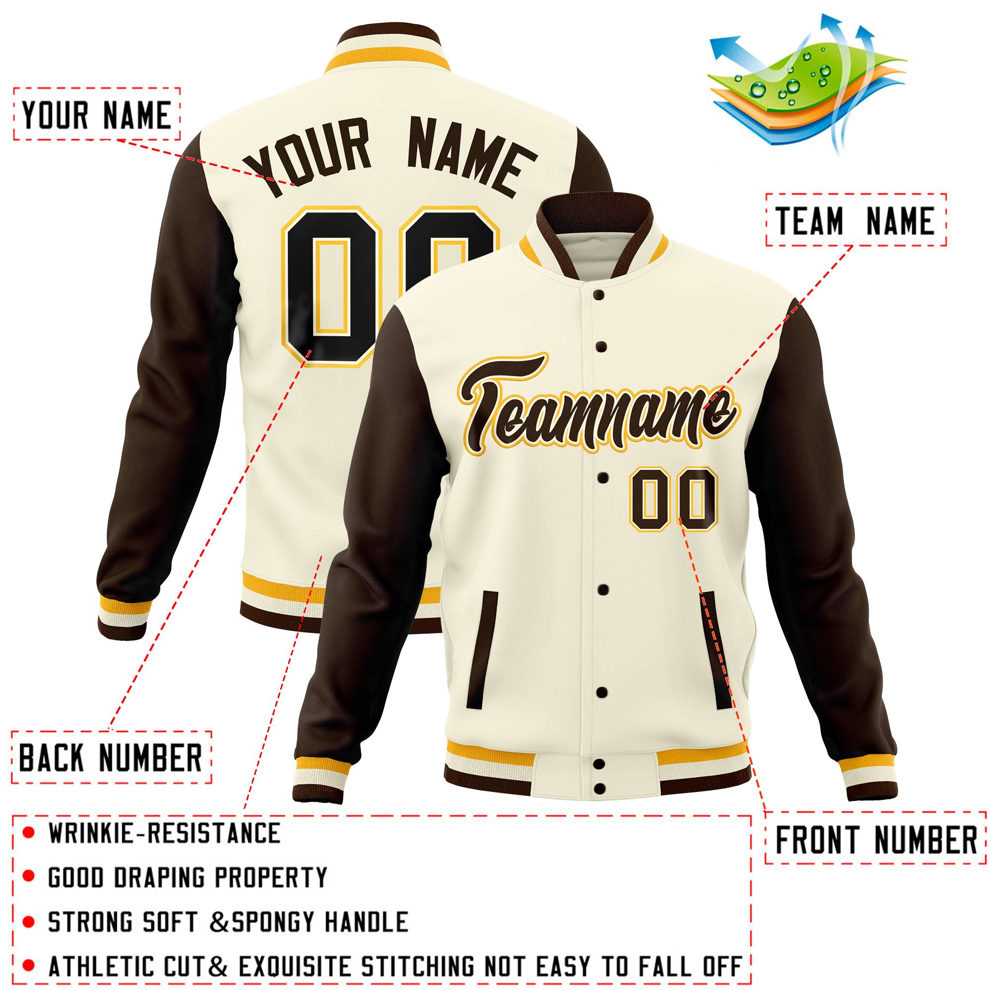 Custom Cream Brown Full-Snap Varsity Raglan Sleeves Letterman Baseball Jacket