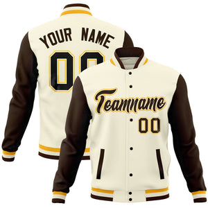 Custom Cream Brown Full-Snap Varsity Raglan Sleeves Letterman Baseball Jacket