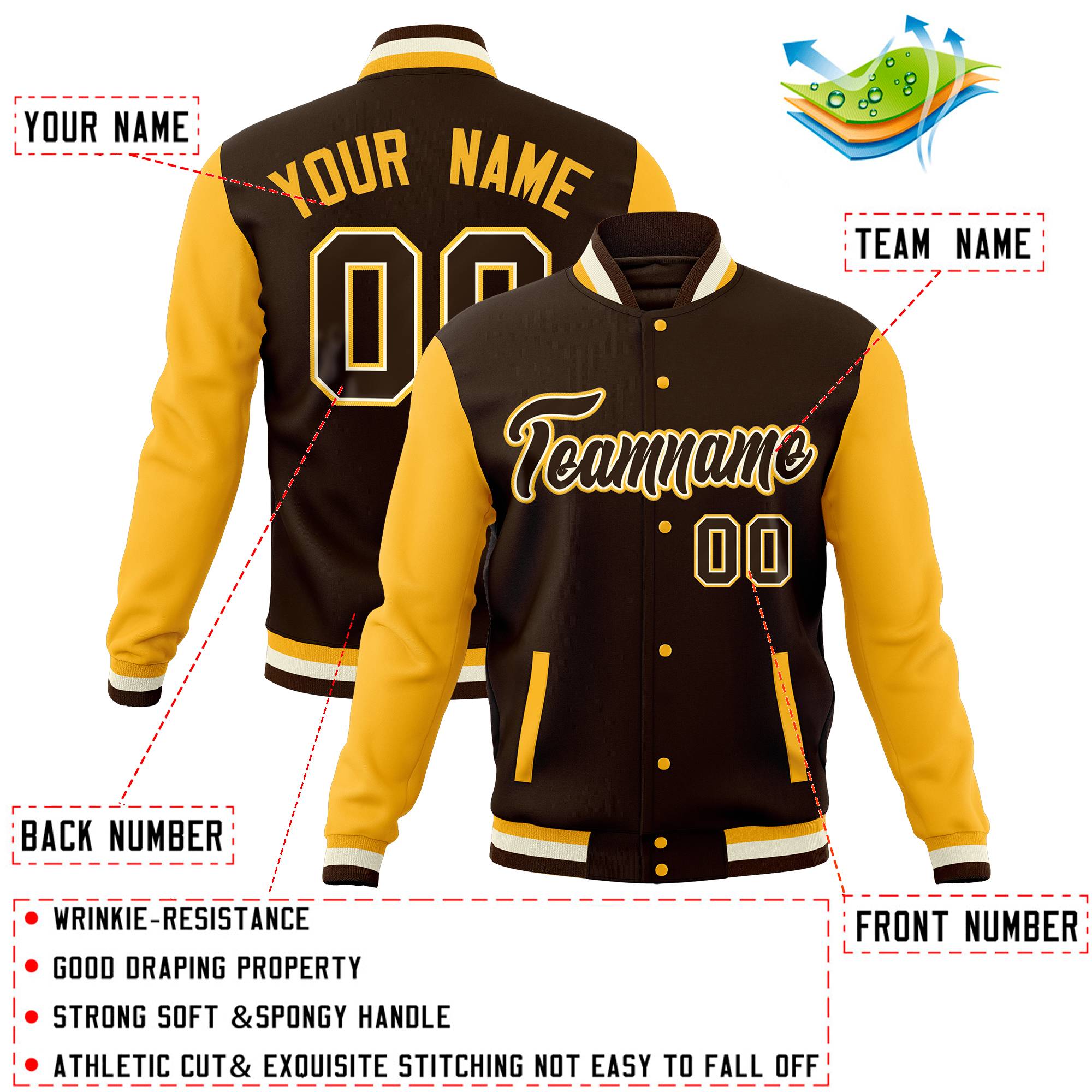 Custom Brown Gold Full-Snap Varsity Raglan Sleeves Letterman Baseball Jacket