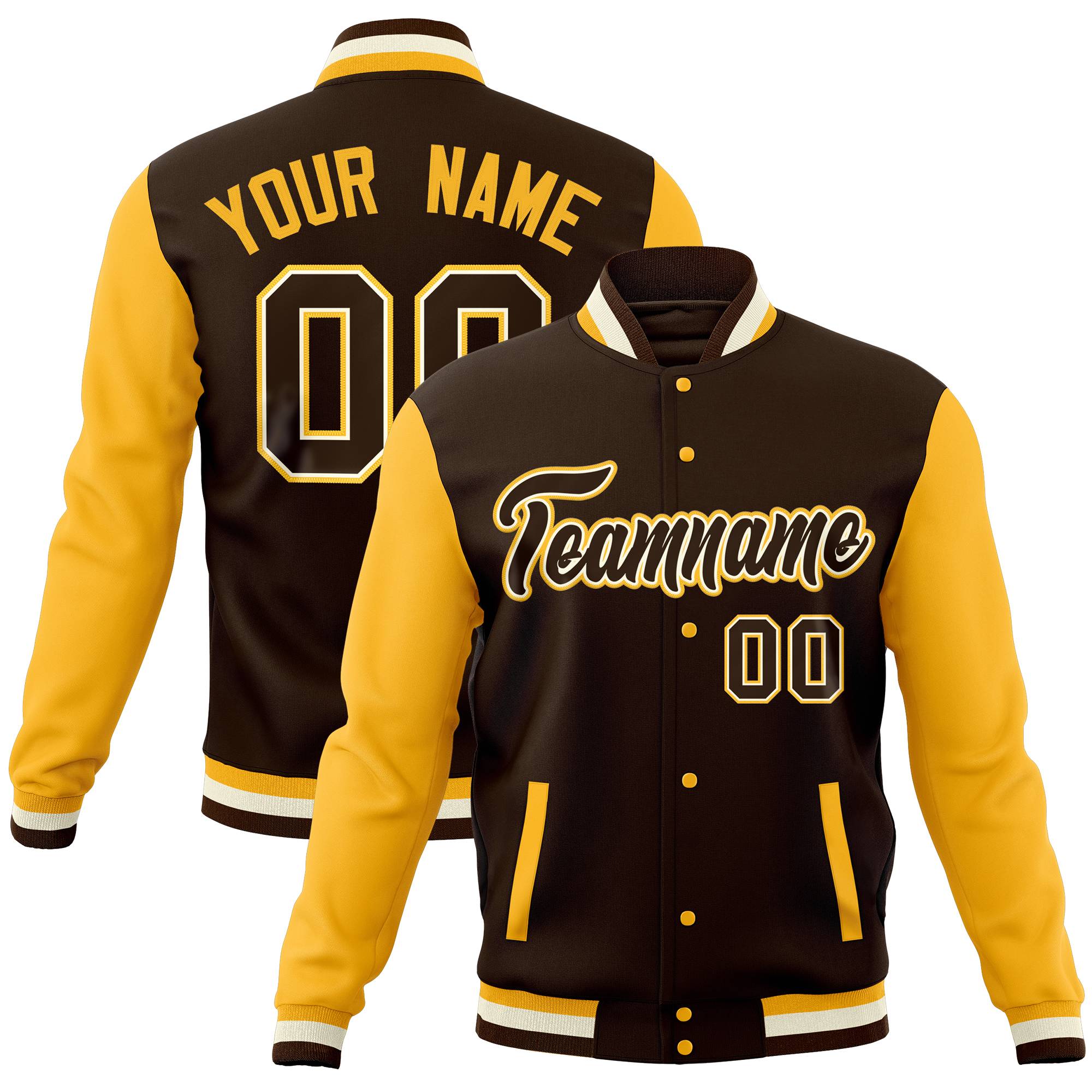 Custom Brown Gold Full-Snap Varsity Raglan Sleeves Letterman Baseball Jacket