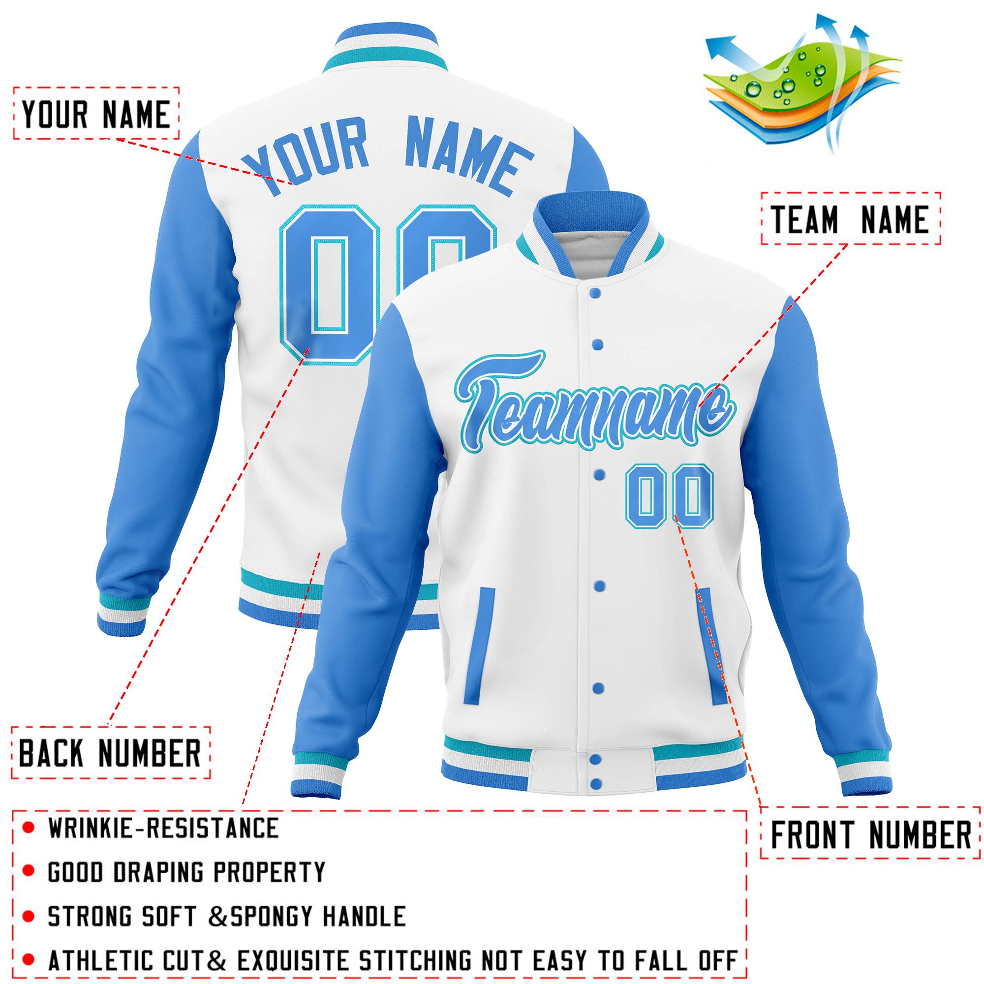 Custom White Powder Blue Full-Snap Varsity Raglan Sleeves Letterman Baseball Jacket