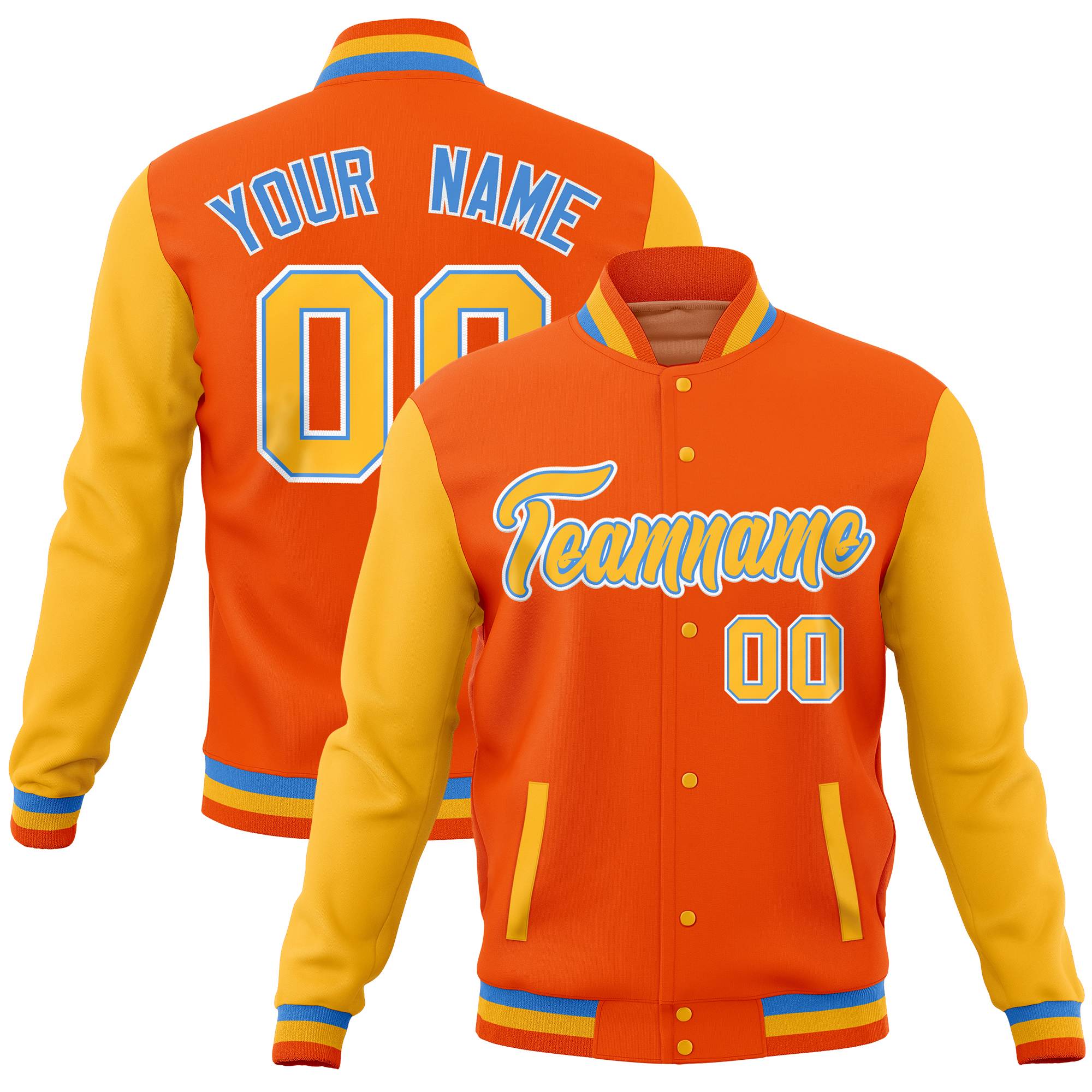 Custom Orange Kelly Green Full-Snap Varsity Raglan Sleeves Letterman Baseball Jacket