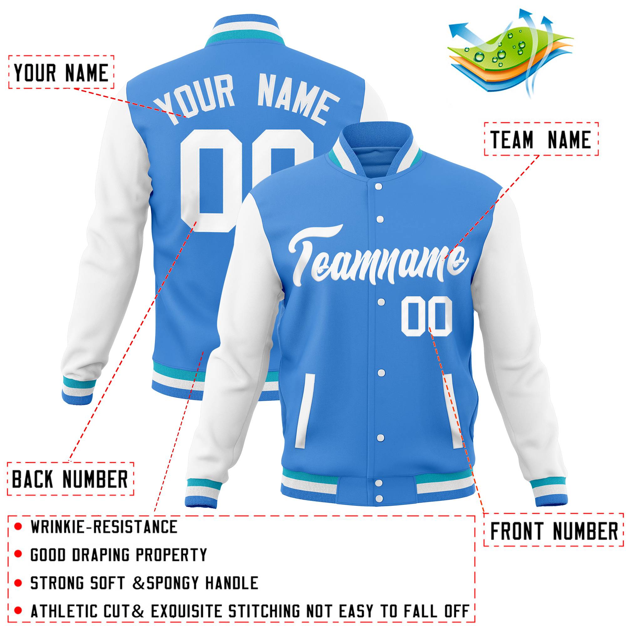 Custom Powder Blue White Full-Snap Varsity Raglan Sleeves Letterman Baseball Jacket