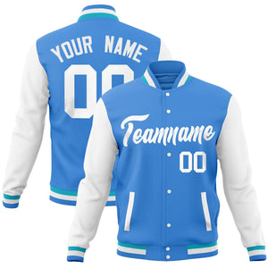 Custom Powder Blue White Full-Snap Varsity Raglan Sleeves Letterman Baseball Jacket