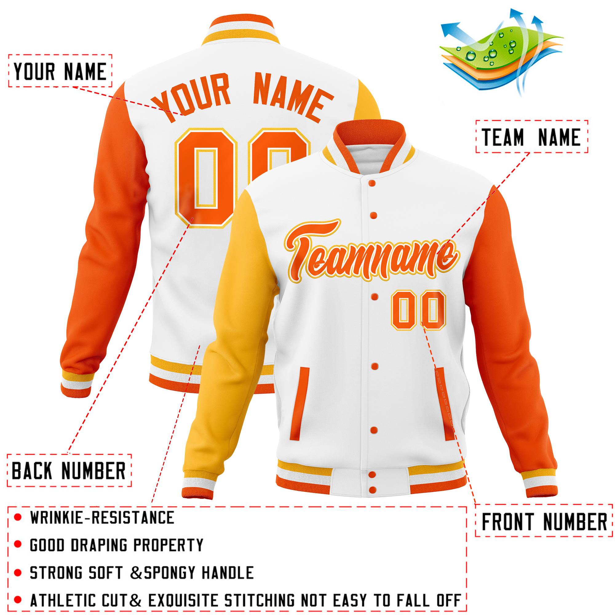 Custom White Orange-Gold Full-Snap Varsity Raglan Sleeves Letterman Baseball Jacket